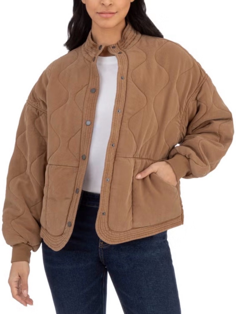 BlankNYC Women's Oversized Quilted Snap Jacket Tan size L